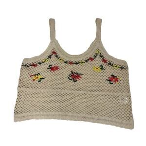Rebellion Womens Crochet Top Size Large Beige Floral Boho Festival Cottagecore
